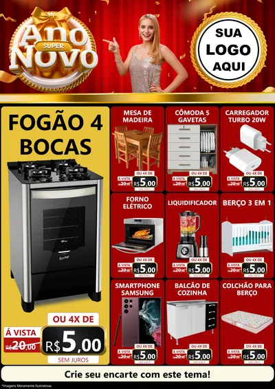 Modelo de Encarte para Encarte A4 Vertical com o tema Super Ano Novo para Móveis e Eletro