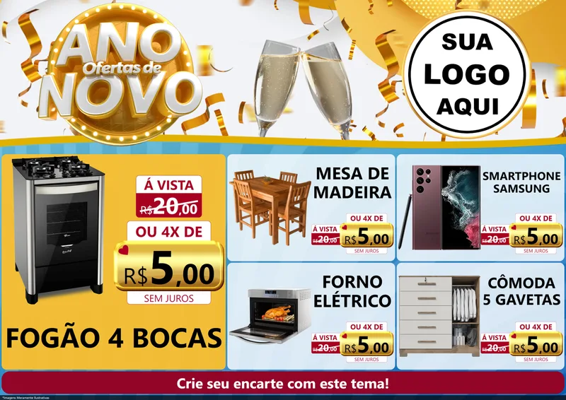 Modelo de Encarte para Encarte A4 Horizontal com o tema Ofertas de Ano Novo para Móveis e Eletro