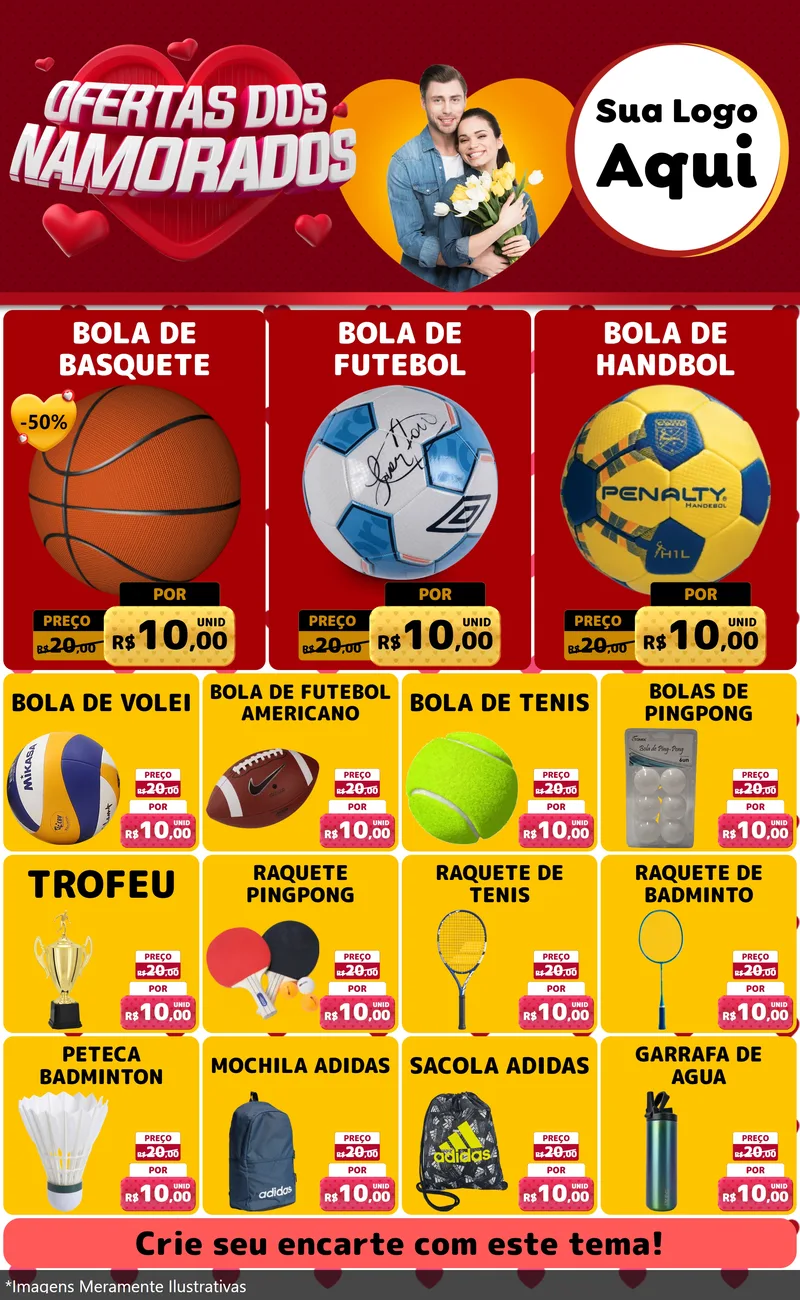 Modelo de Encarte para Encarte Grande com o tema Ofertas Dos Namorados para Artigos Esportivos