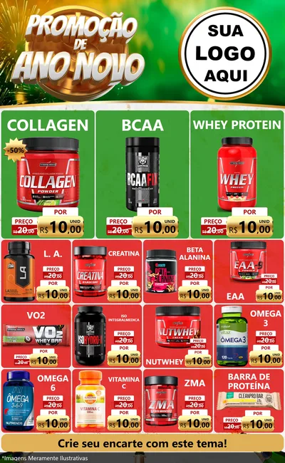 Modelo de Encarte para Encarte Grande com o tema Promoção de Ano Novo para Suplementos alimentares