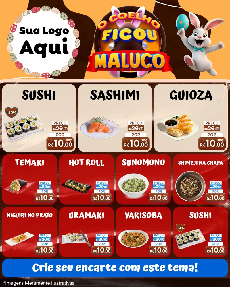 Modelo de Rede Social para Feed Instagram com o tema O Coelho Ficou Maluco - Páscoa para Comida japonesa
