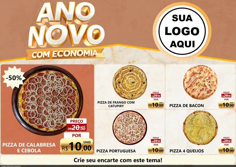 Modelo de Encarte para Encarte A4 Horizontal com o tema Ano Novo Com Economia para Pizzaria
