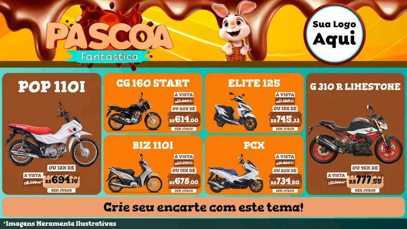 Modelo de TV para TV Horizontal com o tema Páscoa Fantástica para Concessionaria de Motos
