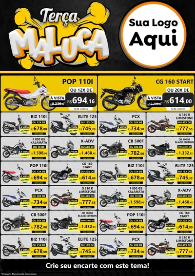 Modelo de Encarte para Encarte A4 Vertical com o tema Terça Maluca para Concessionaria de Motos