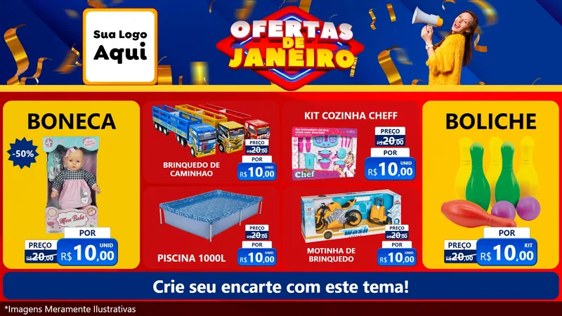Modelo de TV para TV Horizontal com o tema Ofertas de Janeiro para Brinquedos