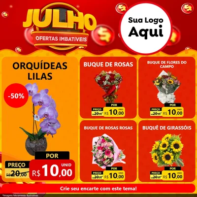 Modelo de Rede Social para Feed Facebook com o tema Julho Ofertas Imbatíveis para Floricultura e jardim