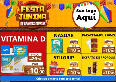 Modelo de Encarte para Encarte A4 Horizontal com o tema Festa Junina de Grandes Ofertas para Farmácia