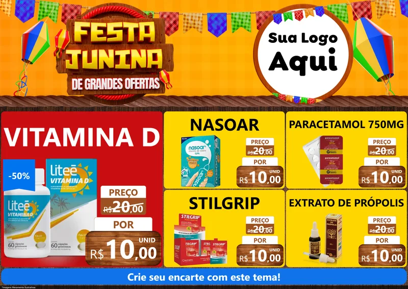 Modelo de Encarte para Encarte A4 Horizontal com o tema Festa Junina de Grandes Ofertas para Farmácia