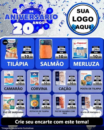 Modelo de Rede Social para Feed Instagram com o tema Promoção de Aniversário - 20 Anos para Peixaria