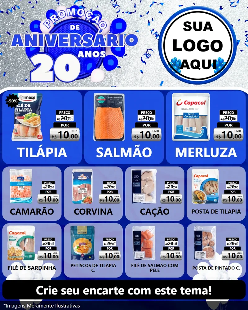 Modelo de Rede Social para Feed Instagram com o tema Promoção de Aniversário - 20 Anos para Peixaria