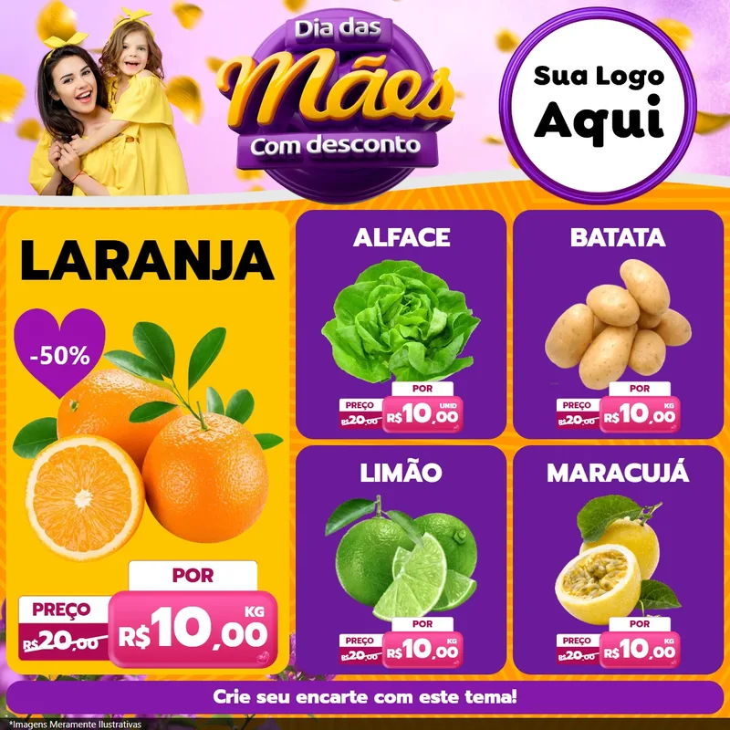Modelo de Rede Social para Feed Facebook com o tema Dia das Mães com Desconto para Hortifrúti