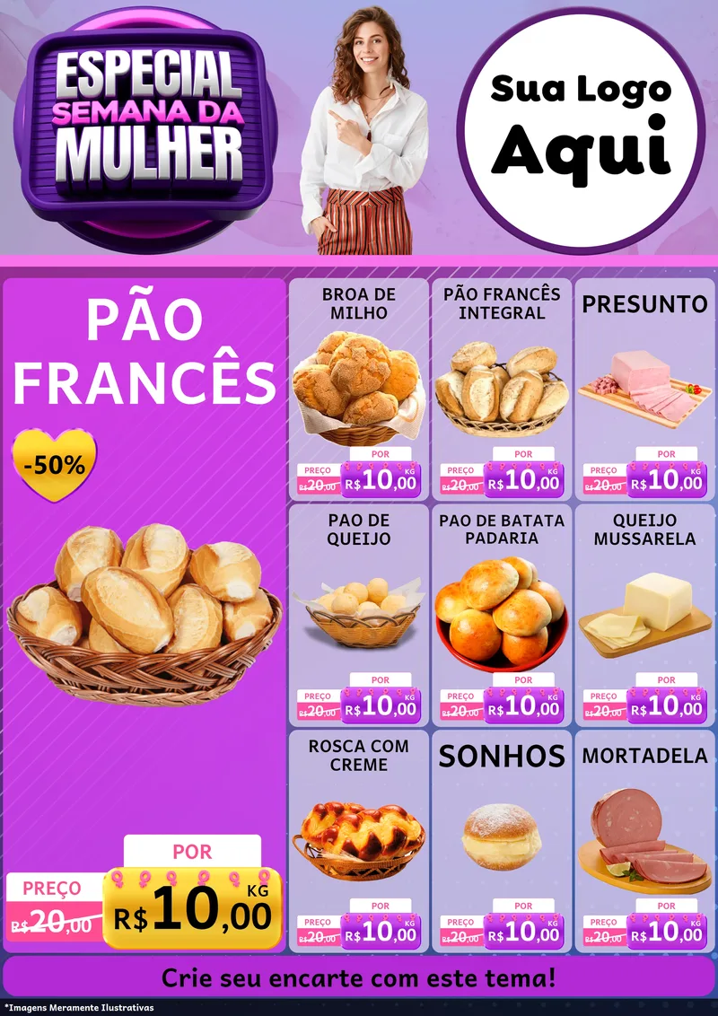 Modelo de Encarte para Encarte A4 Vertical com o tema Especial Semana da Mulher para Padaria