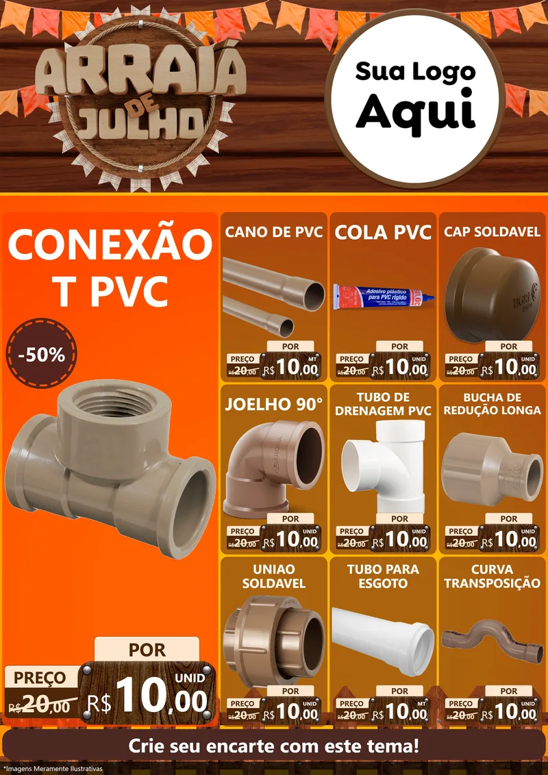 Modelo de Encarte para Encarte A4 Vertical com o tema Arraiá de Julho - Junina para Tubos e conexões