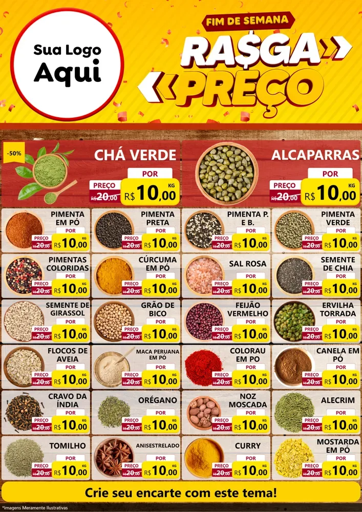 Modelo de Encarte para Encarte A4 Vertical com o tema Fim de Semana Rasga Preços para Produtos Naturais