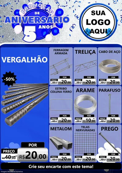 Modelo de Encarte para Encarte A4 Vertical com o tema Promoção de Aniversário - 5 Anos para Ferragens
