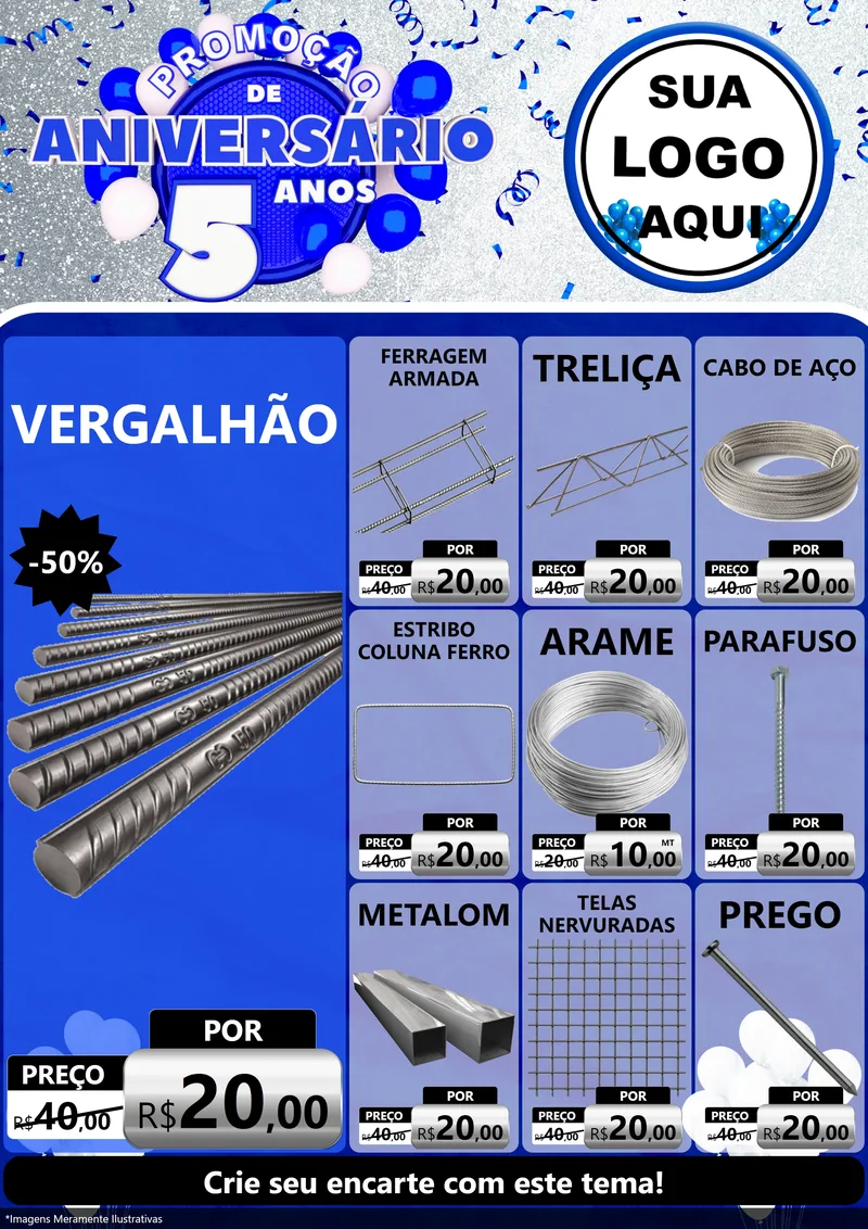Modelo de Encarte para Encarte A4 Vertical com o tema Promoção de Aniversário - 5 Anos para Ferragens