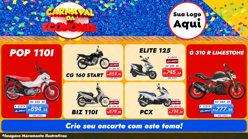 Modelo de TV para TV Horizontal com o tema Carnaval da Economia para Concessionaria de Motos