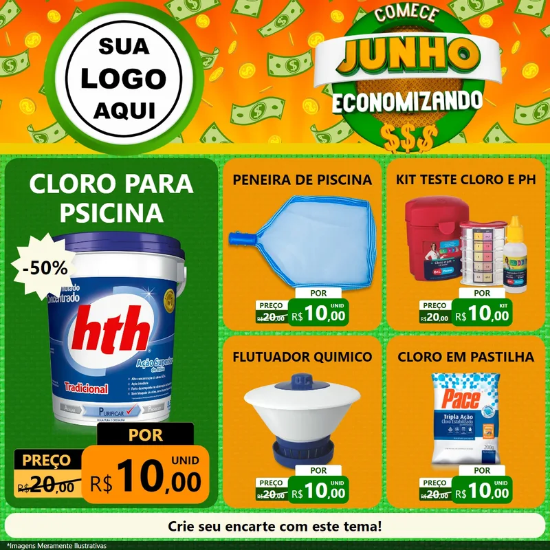 Modelo de Rede Social para Feed Facebook com o tema Comece Junho Economizando para Produtos para Piscina