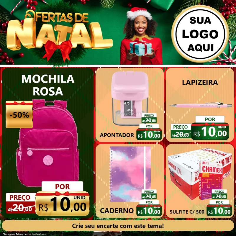 Modelo de Rede Social para Feed Facebook com o tema Ofertas de Natal para Papelaria
