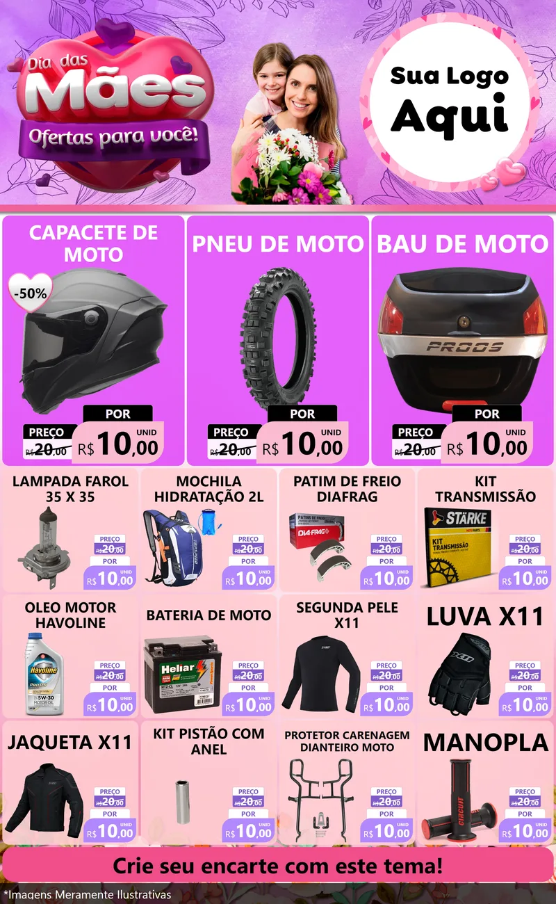 Modelo de Encarte para Encarte Grande com o tema Dia das Mães Ofertas para Você! para Moto peças