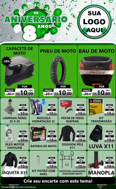 Modelo de Encarte para Encarte Grande com o tema Promoção de Aniversário - 8 Anos para Moto peças