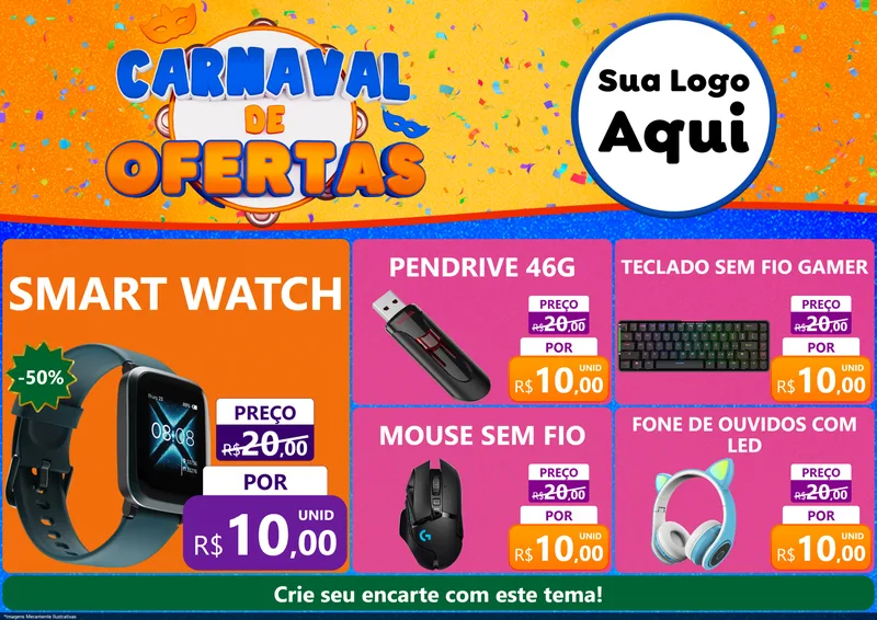 Modelo de Encarte para Encarte A4 Horizontal com o tema Carnaval de Ofertas para Informática
