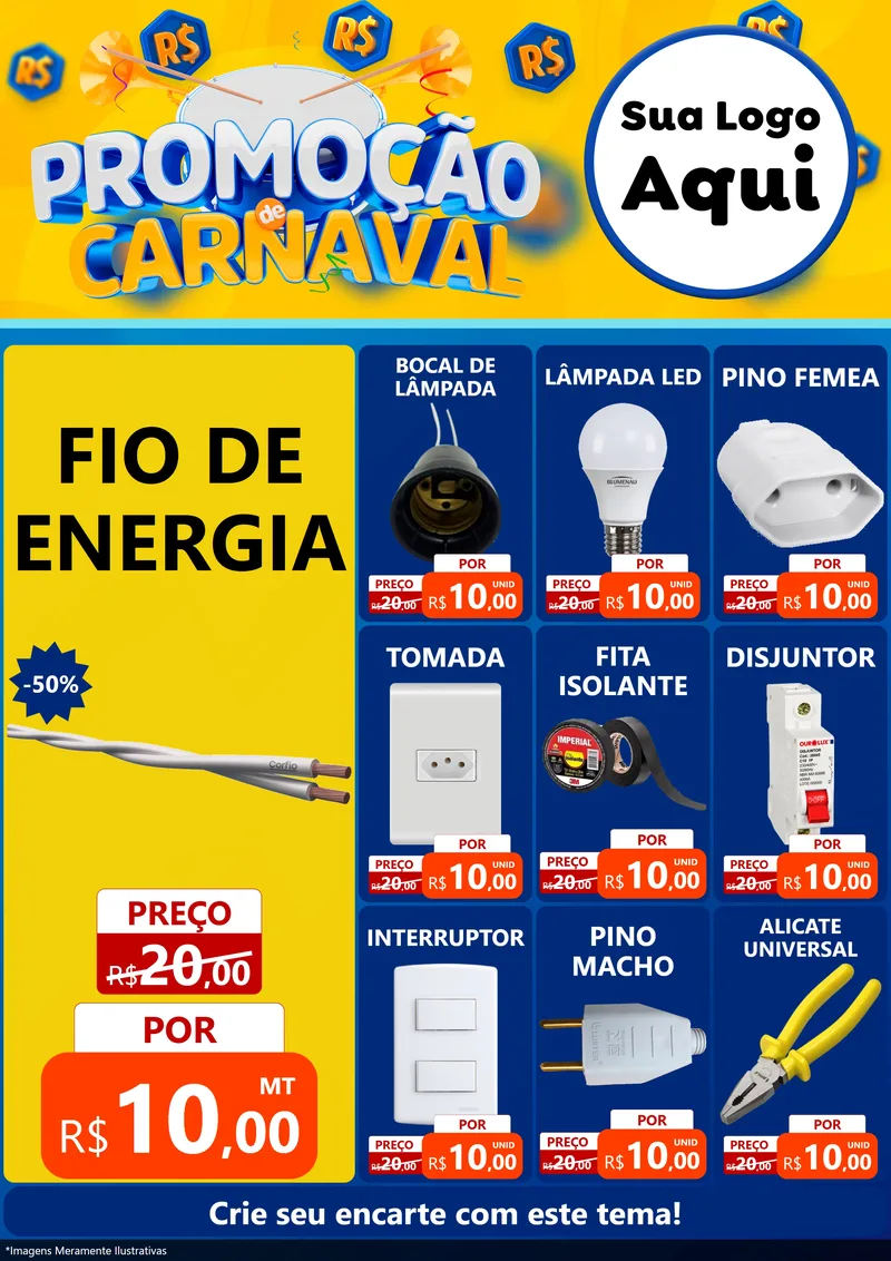 Modelo de Encarte para Encarte A4 Vertical com o tema Promoção de Carnaval para Materiais Elétricos