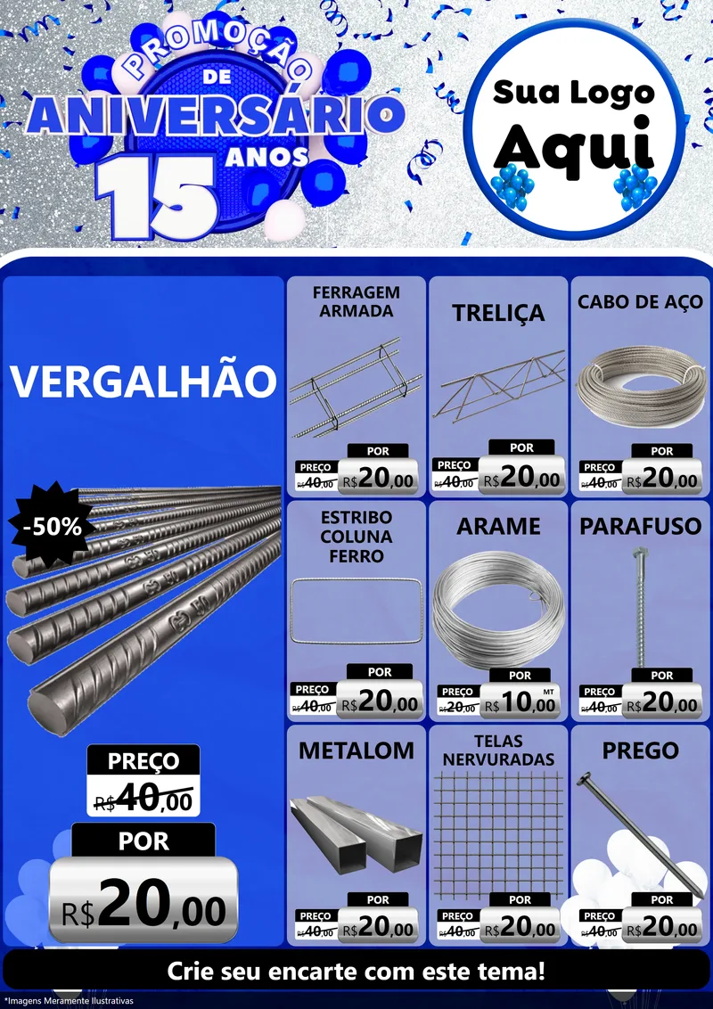 Modelo de Encarte para Encarte A4 Vertical com o tema Promoção de Aniversário - 15 Anos para Ferragens