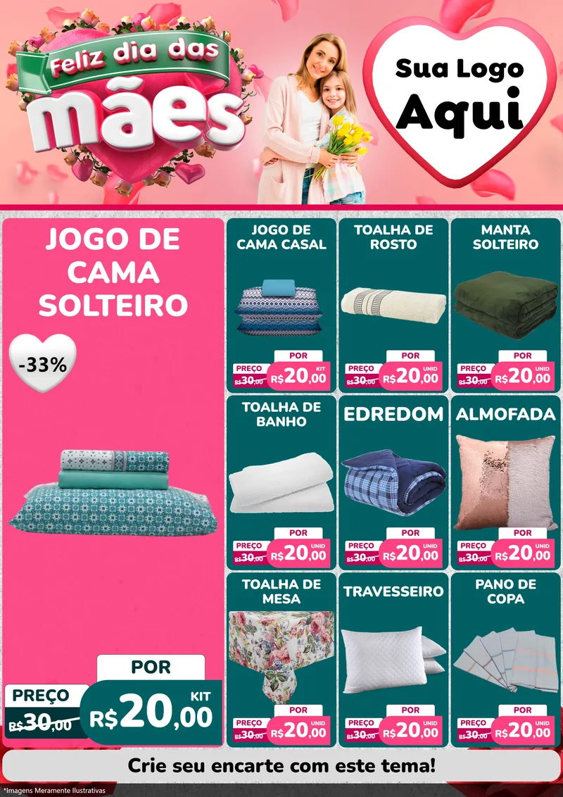 Modelo de Encarte para Encarte A4 Vertical com o tema Feliz Dia das Mães para Cama, Mesa e Banho