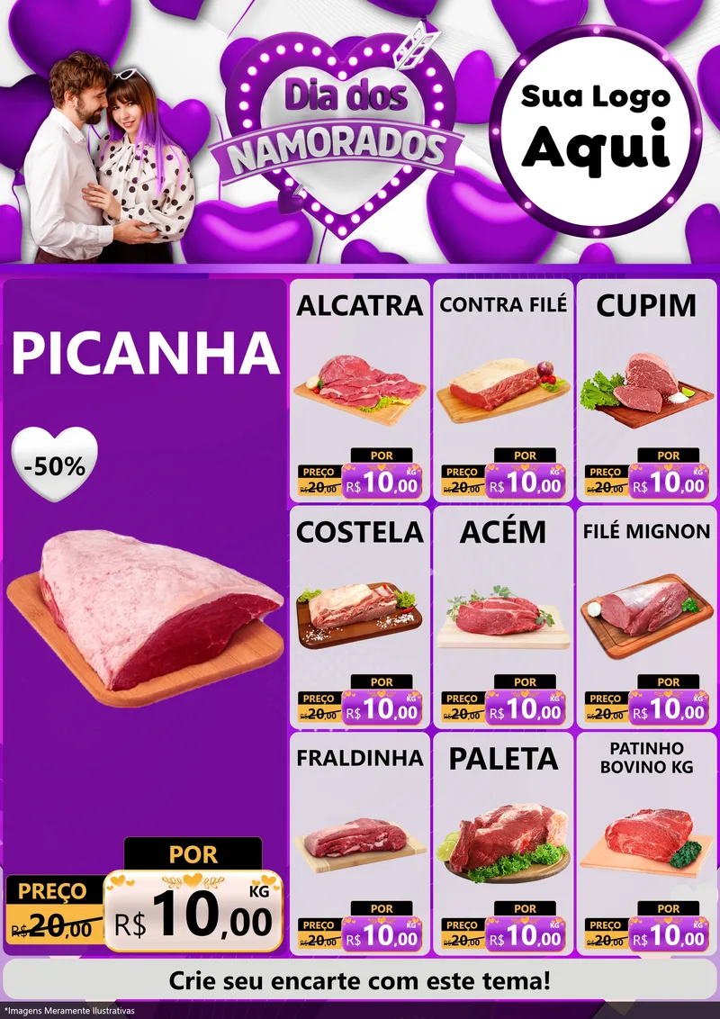 Modelo de Encarte para Encarte A4 Vertical com o tema Dia dos Namorados para Açougue