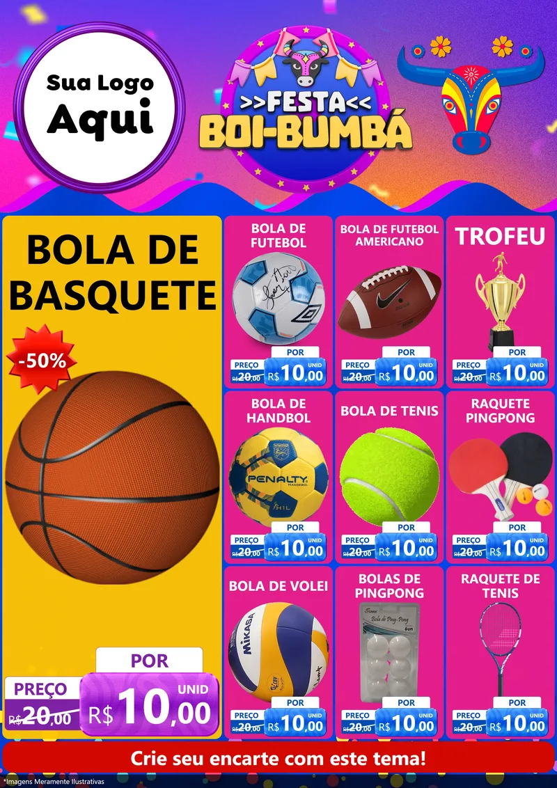Modelo de Encarte para Encarte A4 Vertical com o tema Festa Boi-Bumbá para Artigos Esportivos