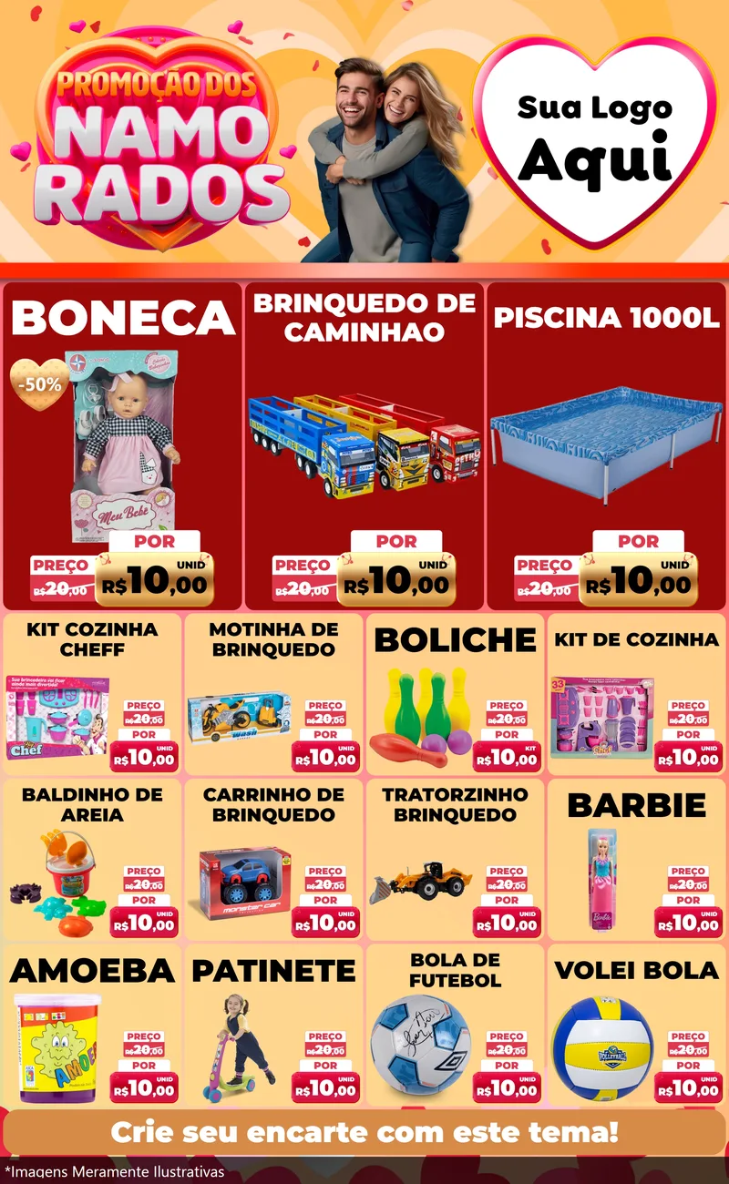 Modelo de Encarte para Encarte Grande com o tema Promoção dos Namorados para Brinquedos