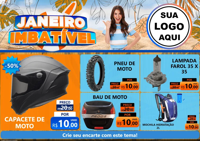 Modelo de Encarte para Encarte A4 Horizontal com o tema Janeiro Imbatível para Moto peças