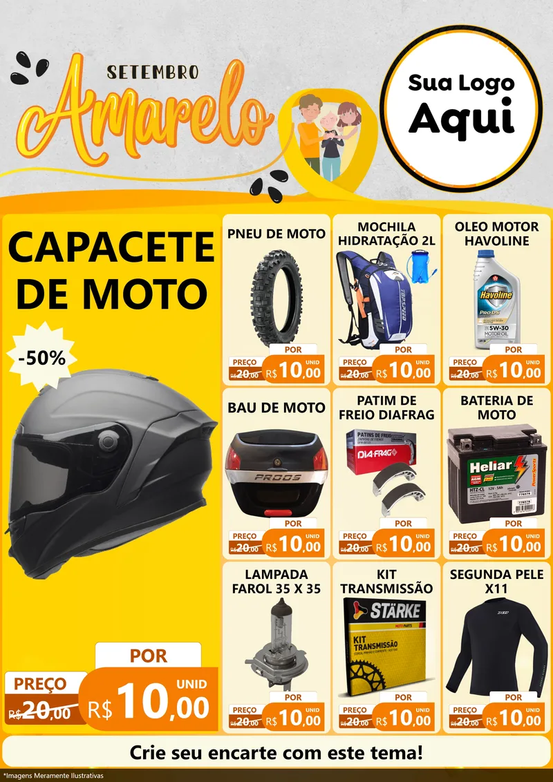 Modelo de Encarte para Encarte A4 Vertical com o tema Setembro Amarelo para Moto peças