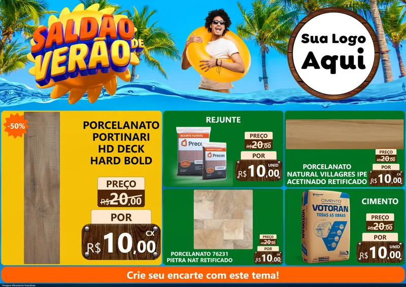 Modelo de Encarte para Encarte A4 Horizontal com o tema Saldão de Verão para Pisos e revestimentos