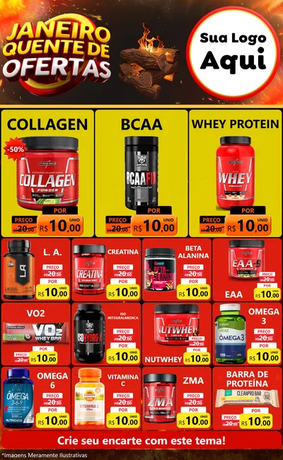 Modelo de Encarte para Encarte Grande com o tema Janeiro Quente de Ofertas para Suplementos alimentares