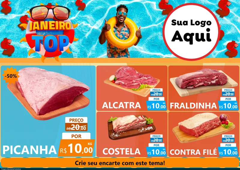 Modelo de Encarte para Encarte A4 Horizontal com o tema Janeiro Top para Açougue