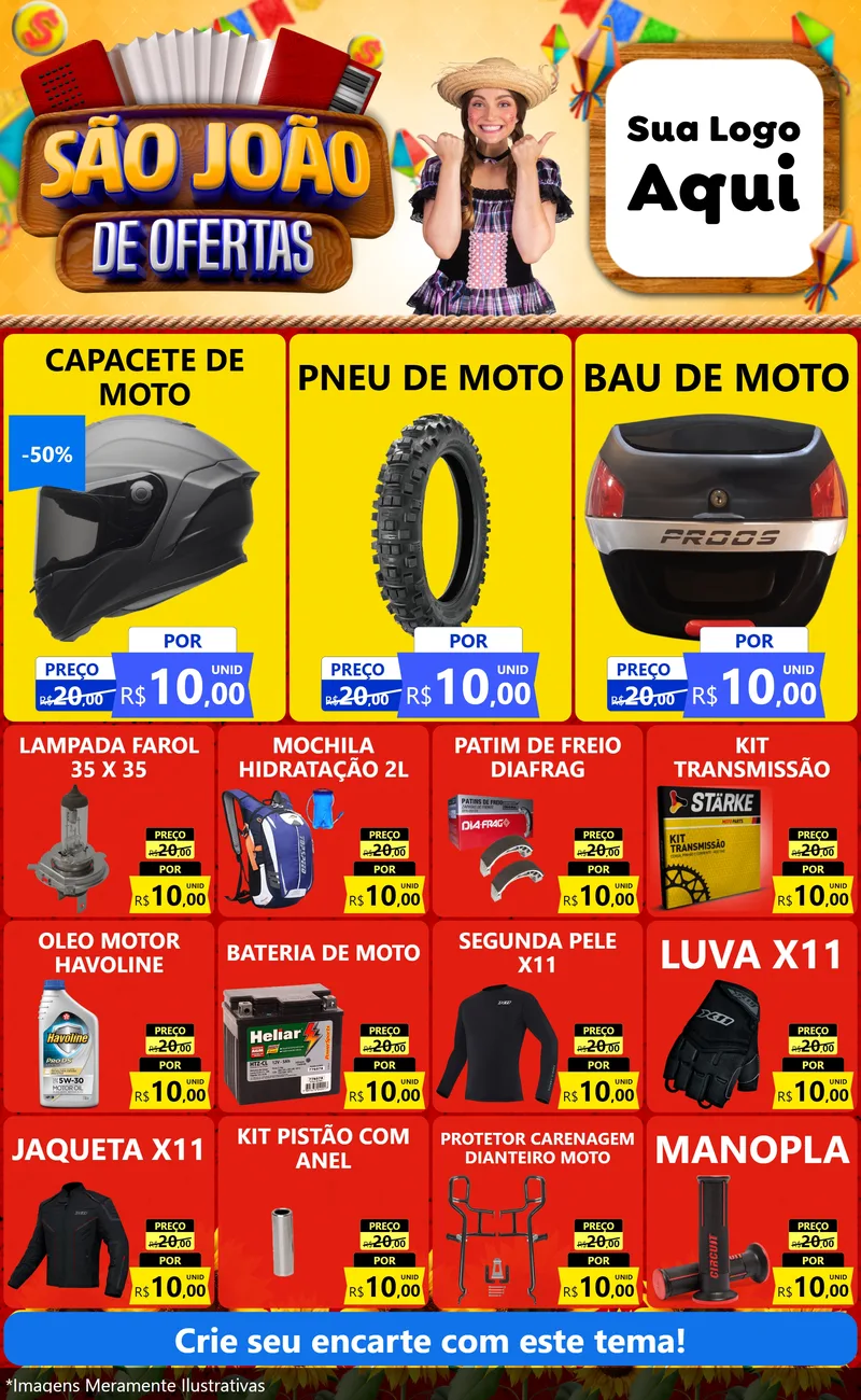 Modelo de Encarte para Encarte Grande com o tema São João de Ofertas para Moto peças