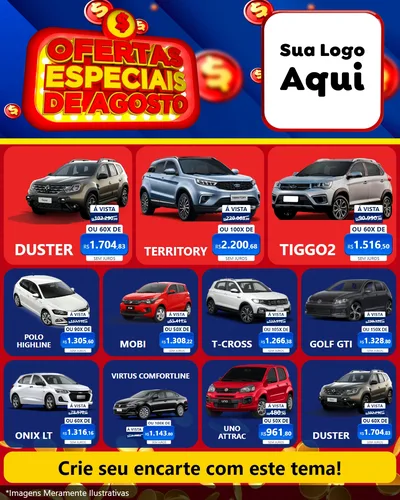 Modelo de Rede Social para Feed Instagram com o tema Ofertas Especiais de Agosto para Concessionaria de Carros