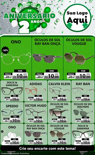 Modelo de Encarte para Encarte Grande com o tema Promoção de Aniversário - 2 Anos para Óticas