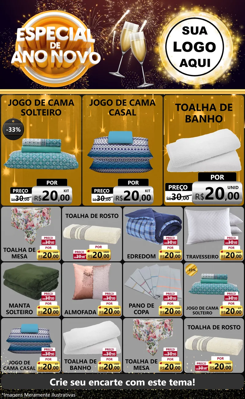 Modelo de Encarte para Encarte Grande com o tema Especial de Ano Novo para Cama, Mesa e Banho