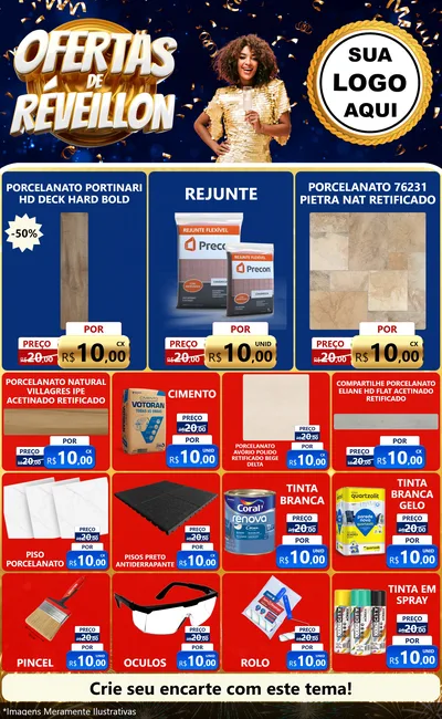 Modelo de Encarte para Encarte Grande com o tema Ofertas de Réveillon para Pisos e revestimentos