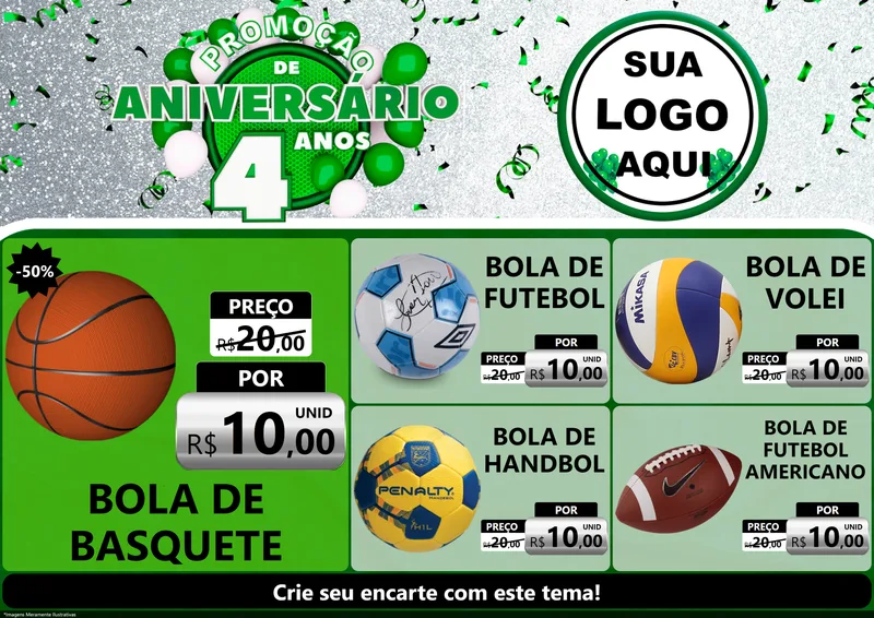 Modelo de Encarte para Encarte A4 Horizontal com o tema Promoção de Aniversário - 4 Anos para Artigos Esportivos