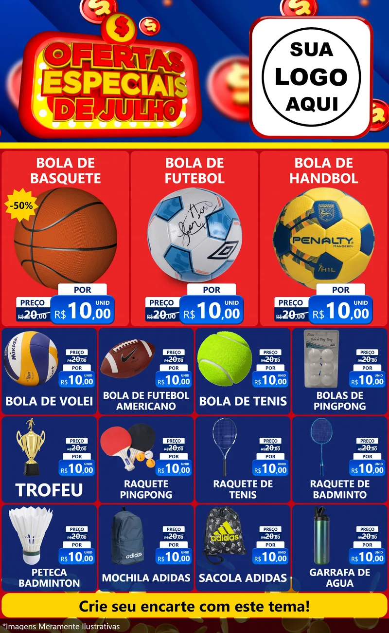 Modelo de Encarte para Encarte Grande com o tema Ofertas Especiais de Julho para Artigos Esportivos