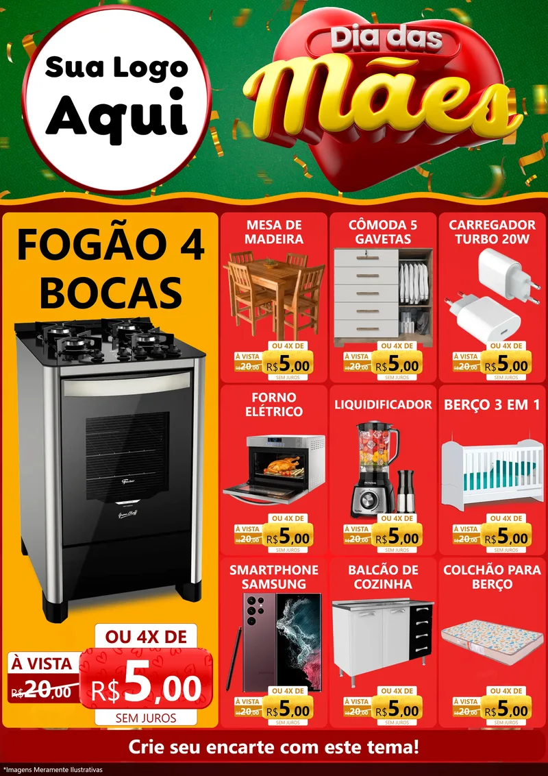 Modelo de Encarte para Encarte A4 Vertical com o tema Dia das Mães para Móveis e Eletro