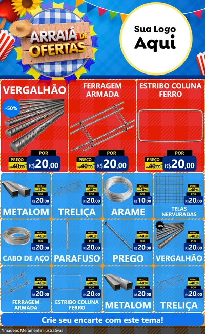 Modelo de Encarte para Encarte Grande com o tema Arraiá de Ofertas para Ferragens