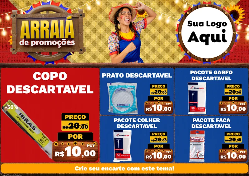 Modelo de Encarte para Encarte A4 Horizontal com o tema Arraiá de Promoções para Embalagens