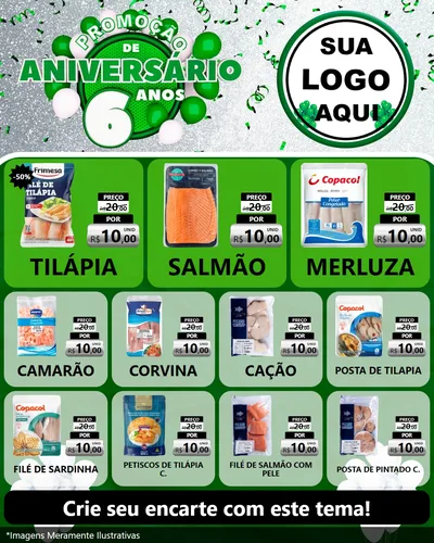Modelo de Rede Social para Feed Instagram com o tema Promoção de Aniversário - 6 Anos para Peixaria