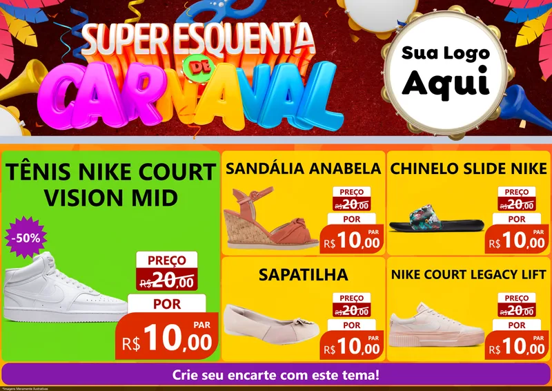 Modelo de Encarte para Encarte A4 Horizontal com o tema Super Esquenta de Carnaval para Calçados