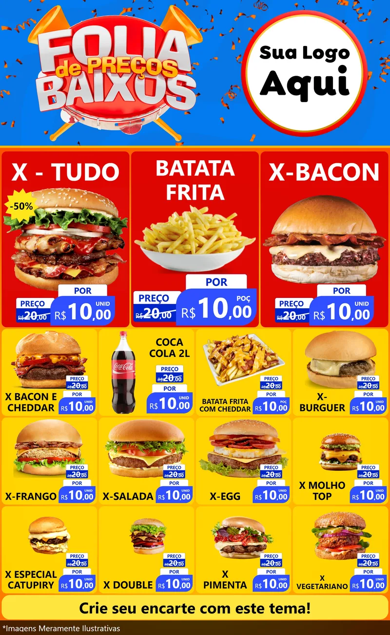 Modelo de Encarte para Encarte Grande com o tema Folia de Preços Baixos para Hamburgueria